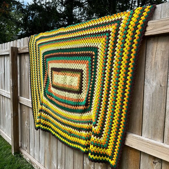 Vintage 70's Handmade Blanket Knit Square Mod Green Yellow Brown Crochet Fall - Picture 2 of 8